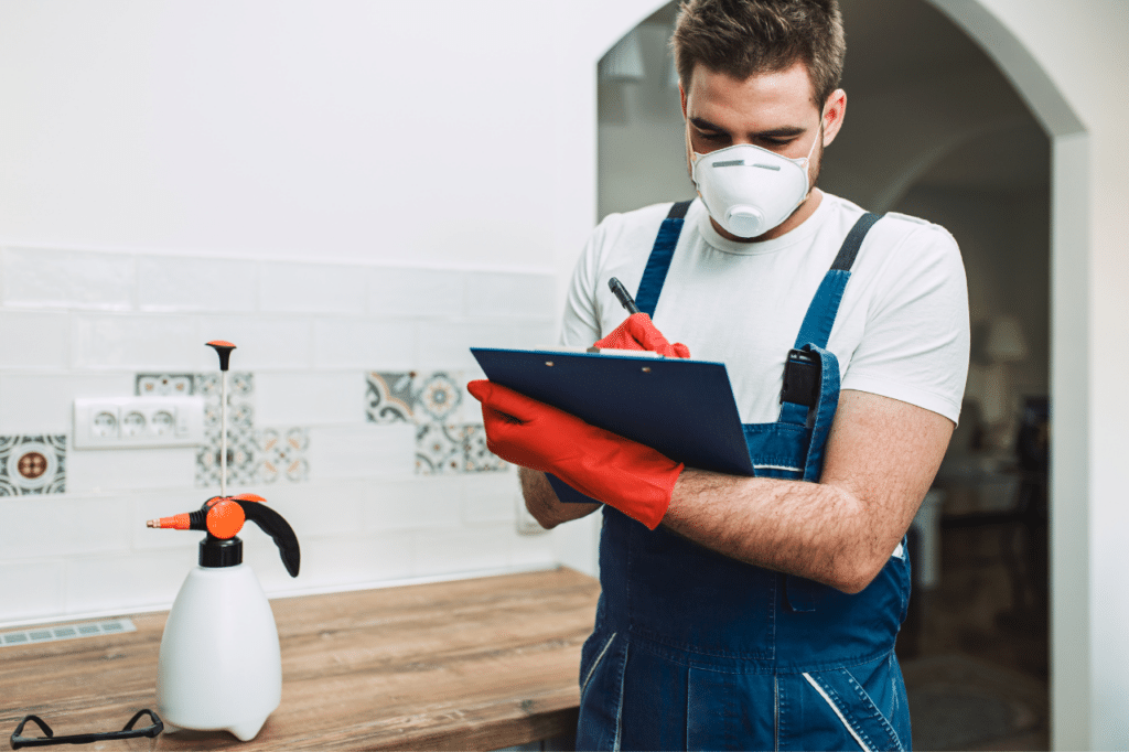 Disinfestatore che compila il modulo del sopralluogo per l'intervento di disinfestazione